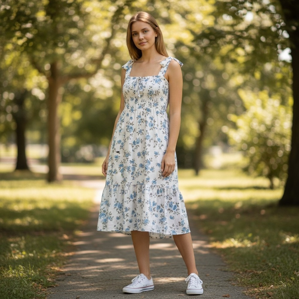 Scarlet Darkness Womens L White Blue Floral Milkmaid Dress Fairy Cottagecore